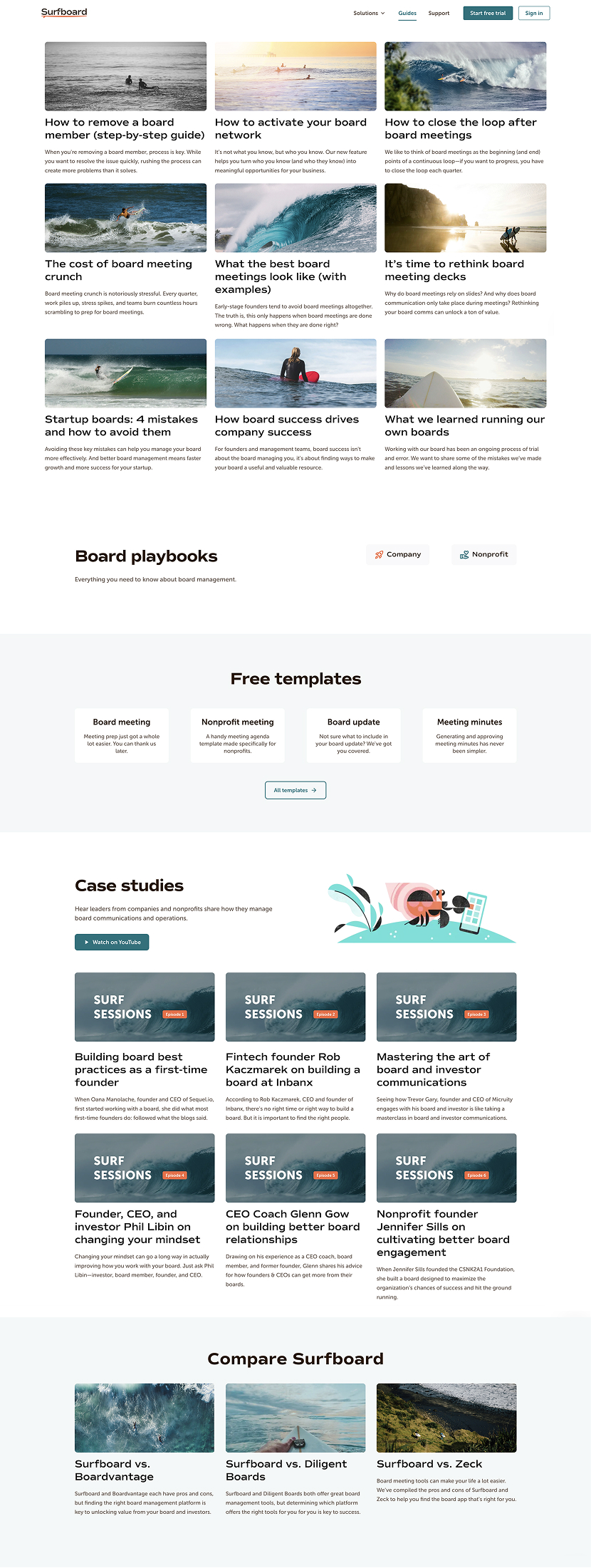 Surfboard’s resource page, showing the different community resources Sara created, including in-depth how-to articles, guidebooks for startups and nonprofits, free templates, case studies, and helpful comparisons with competitors.