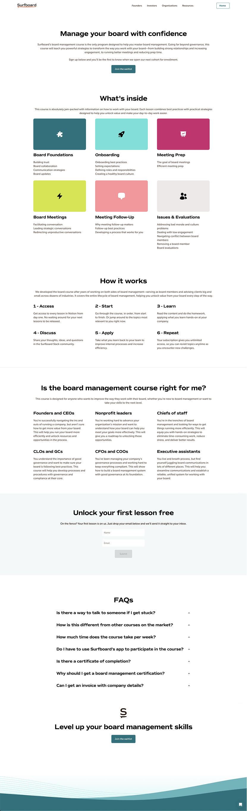 Landing page for the six-week educational board management course Sara created for Surfboard, detailing how the course is structured and what is covered in each lesson.