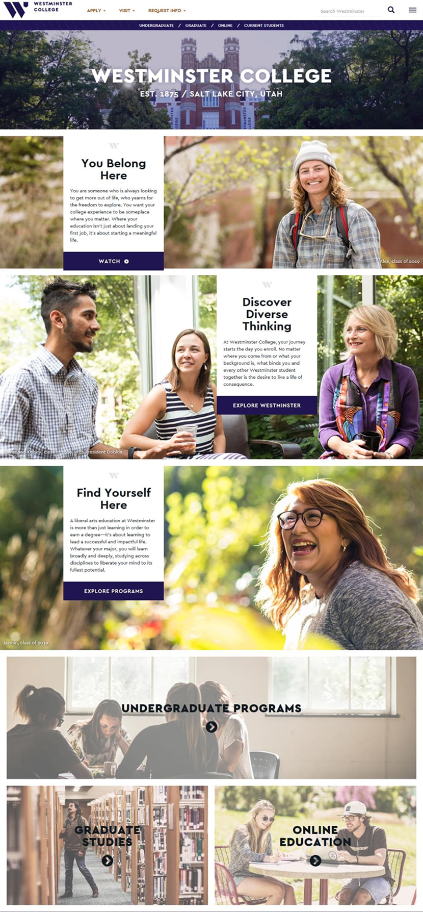 Westminster College’s home page showing photos of students on campus and links to the content the majority of users are looking for, including undergraduate programs, graduate degrees, and the online program.