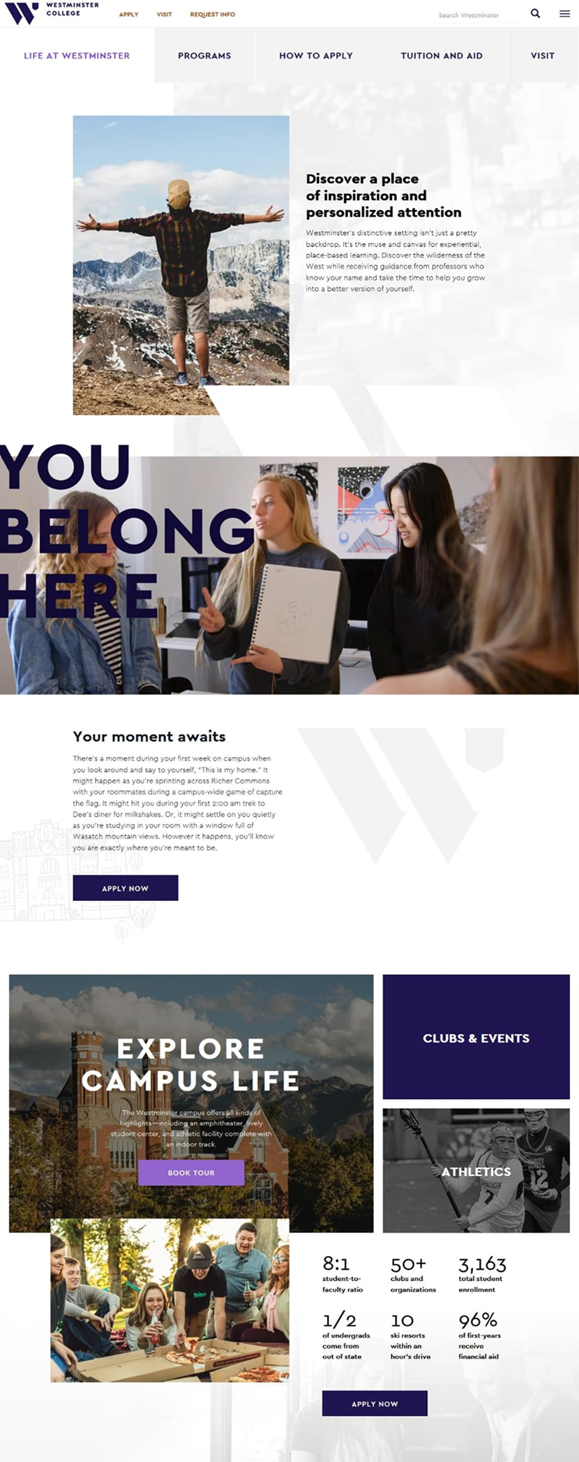 A landing page on Westminster’s website highlighting campus life for undergrad students.