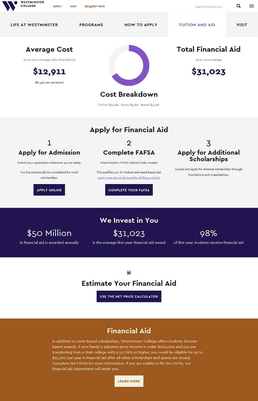 The redesigned financial aid page on Westminster’s website showing a helpful breakdown of the cost of tuition compared to the average amount of student financial aid.