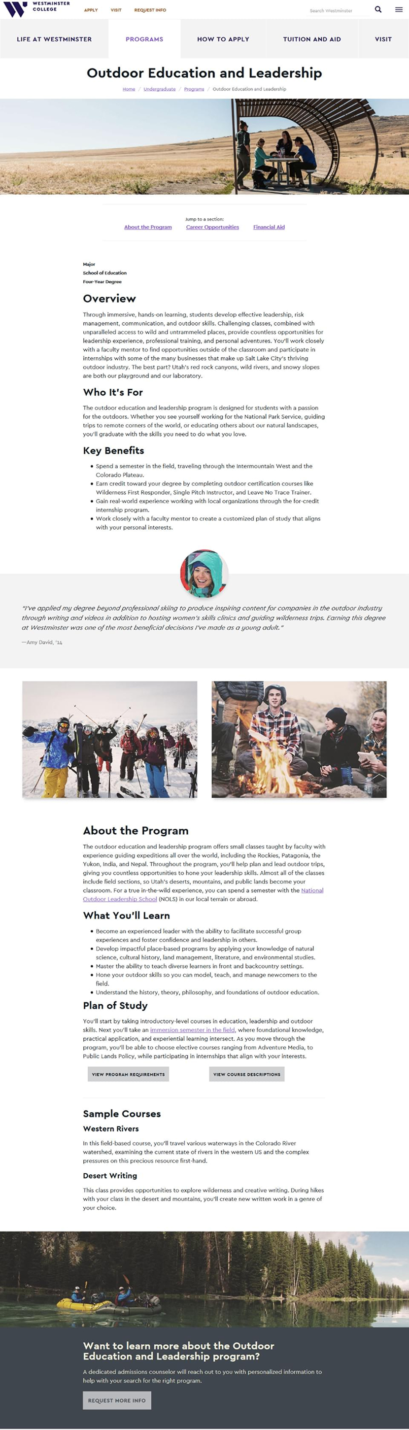 The academic program page for Westminster’s Outdoor Education and Leadership program, detailing the major’s curriculum, including who it’s for, key benefits, what students will learn, and sample courses students might take.